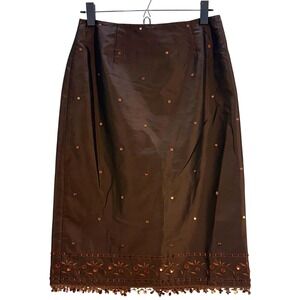 Ann Taylor Women's Chocolate Brown Beaded Floral Embellished Midi Skirt Size 6